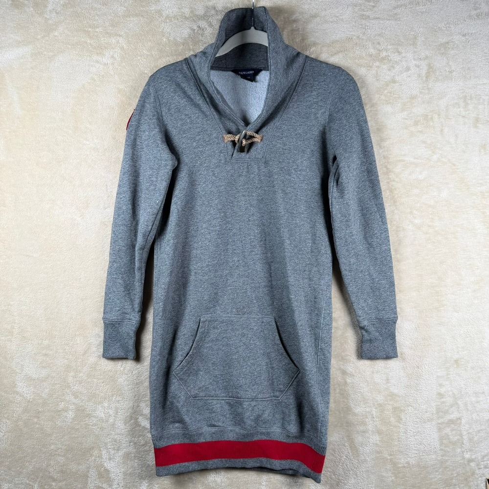 Ralph Lauren Kids Gray Sweatshirt Dress Toggle Neck Patch Logo Red Stripe XL 16